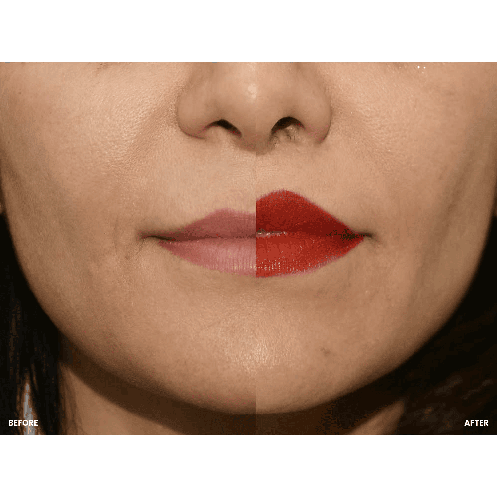 Vorher-Nachher Bild einer Haut- und Make-up-Transformation.
