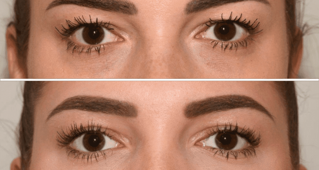 Nahaufnahme von gepflegten Augenbrauen und Augen, Fokus auf Augenbrauenform.