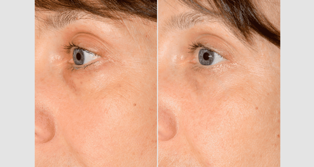 Nahaufnahme eines Gesichts vor und nach Hautbehandlung, Hautstraffung.