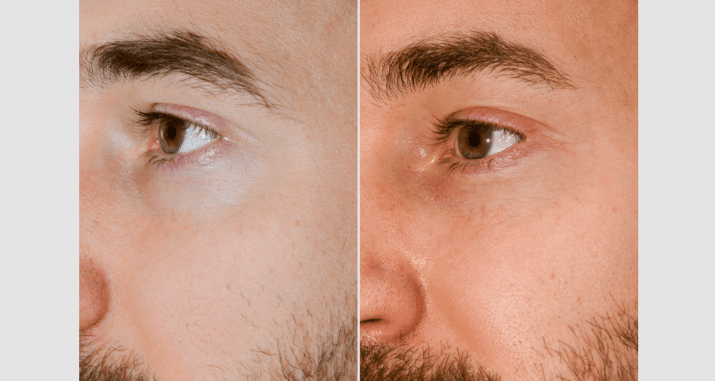 Nahaufnahme eines Mannes vor und nach der Rasur, Hautpflege, Gesichtspflege.