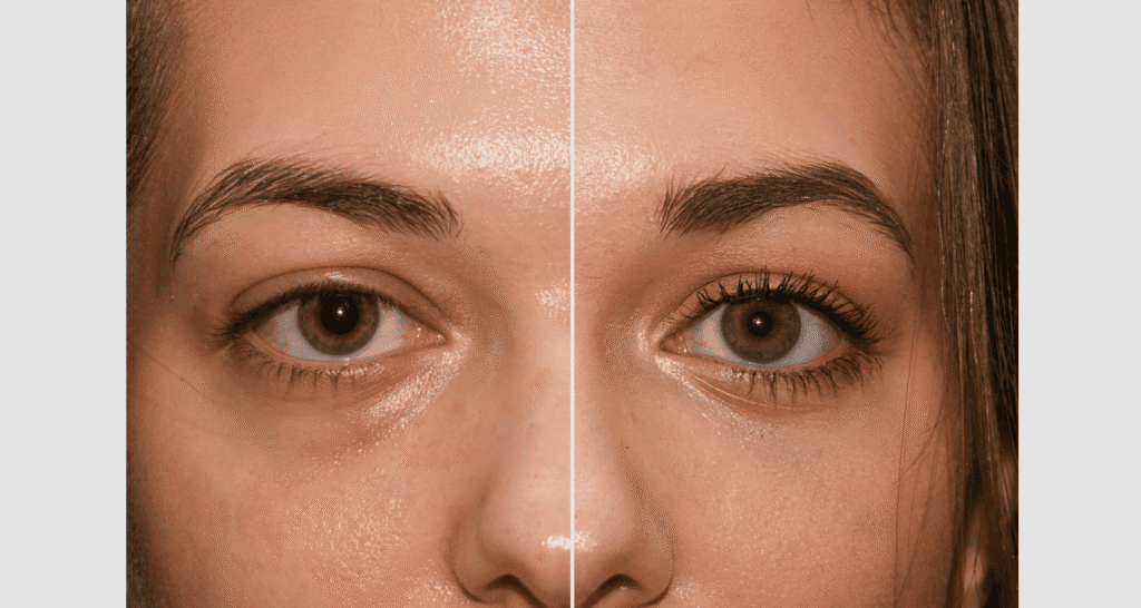 Vorher-Nachher Vergleich der Hautpflege bei Augenpartie.