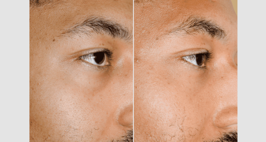 Hautveränderung vor und nach Behandlung, Hautbildverbesserung durch dermatologische Pflege.