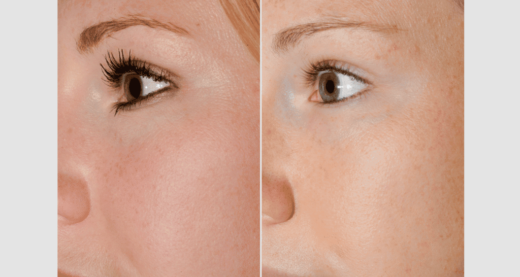 Vergleich der Haut vor und nach der Hautpflegebehandlung.